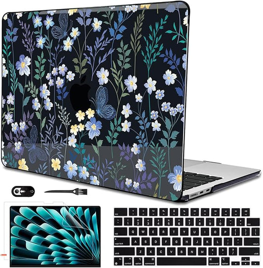 for MacBook Air 13.6 inch Case 2025 2024 2023 2022 Release Model A3240 M4 A3113 M3 A2681 M2, Printed Pattern Plastic Hard Shell for 2025 Mac Air 13.6 M4 Cover, Meadow Wildflower Black