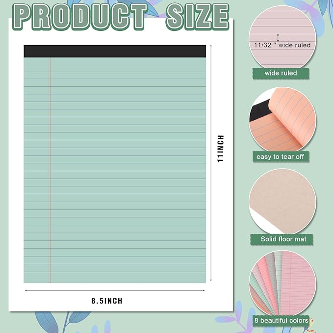 Fuutreo 8 Pcs 8.5'' x 11'' Colored Legal Pad Writing Pads Wide Ruled 50 Sheets Per Notepad Perforated Writing Notepad Office Supplies for School College Office Business (Bohemian Color)
