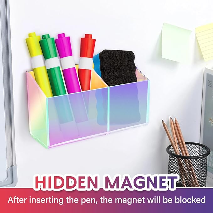 Magnetic Dry Erase Marker Holder for Whiteboard，Acrylic Magnetic Pen Holder for Fridge, 2 Compartments Whiteboard for Office, Home, Locker(Clear)-Colorful