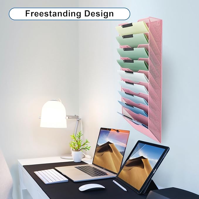 EASEPRES 10 Pocket Mesh Hanging Wall File Organizer, Wall Mounted Mail Paper Document Folder Holder, Clipboard Storage Organization Magazine Rack with Nametag Label for Office Home School, Pink