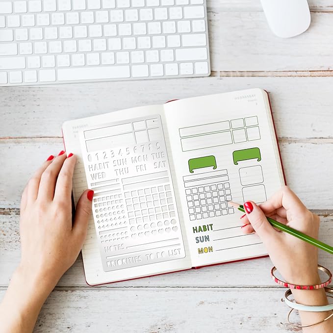 3 Pieces Metal Planner Stencil Dot Journal Engraving Stencils Rustproof Multi Pattern Line Designs Metal Stencils for Journaling, Behavior Tracking, Weekly Spread (Metal3A)