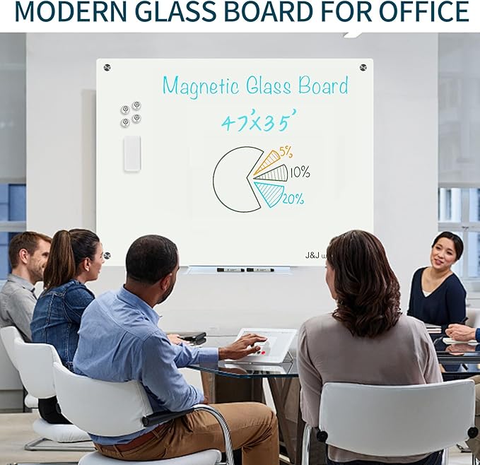 Magnetic Whiteboard, Glass Dry Erase Board 4' x 3' White Surface, White Board Frameless, Home School Supplies or Home Office Decor with Magnets, Markers, Eraser, Marker Tray