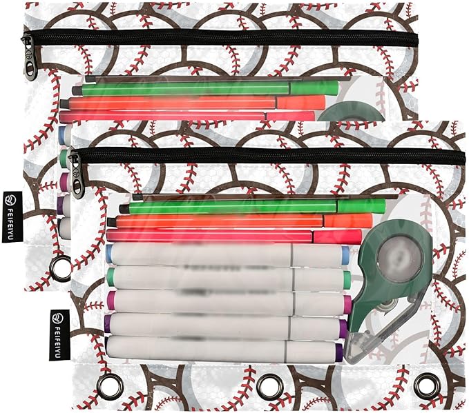 ZAZYXTJ Baseball Binder Pencil Pouchs 3 Ring with Zipper Clear Window Office Organizers bag for School Students Teacher Supplies 2 Pack