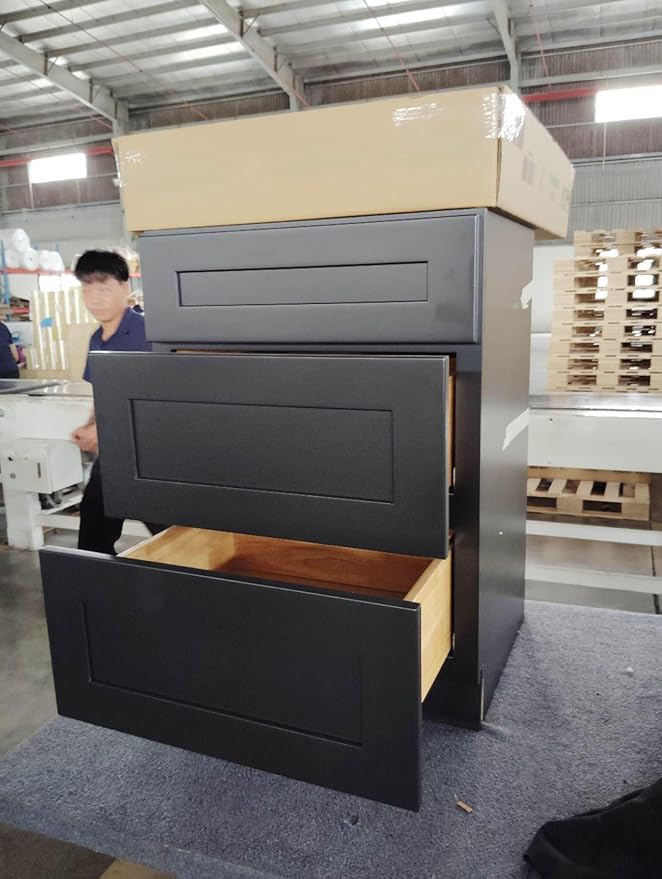 Shaker Style Charcoal Black RTA Base Cabinet with Drawers- Solid Wood 3-Drawer Design with Soft Close, 21" W x 24" D x 34.5" H, Perfect for Standalone Use or Kitchen Cabinet Combinations