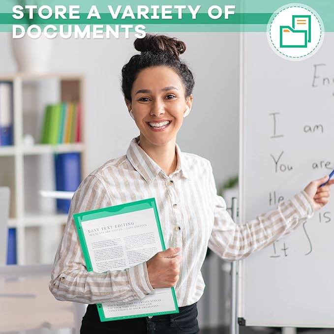 Henoyso 36 Pack Plastic Folders with 3 Holes and 2 Pockets, Green, File Folder