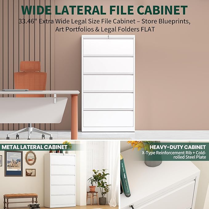 5 Drawer Lateral File Cabinet with Lock, File Cabinets for Home Office Legal/Letter A4 Size, File Cabinet Storage Cabinet, Require Assembly, White