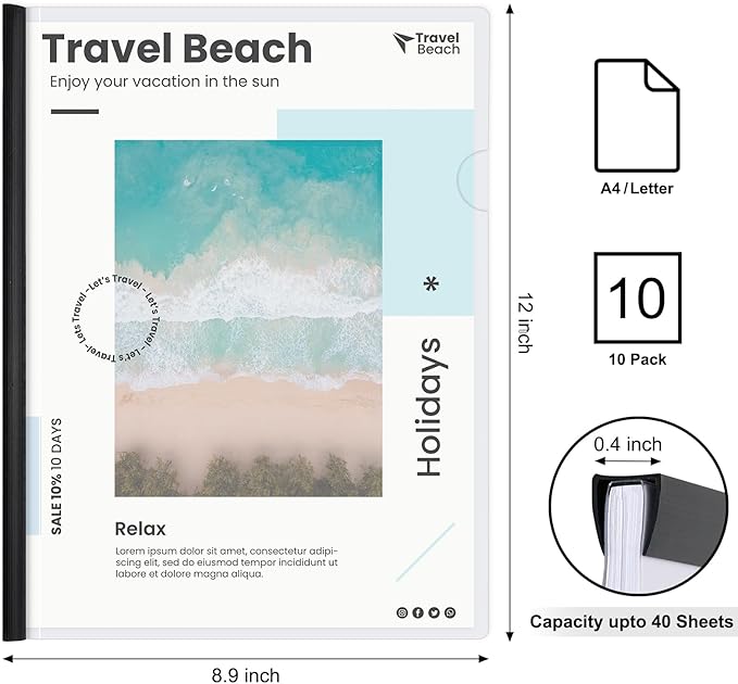 JOERSH 10Pcs Clear Report Covers with Sliding Bar, 40 Sheet Capacity Plastic Binder Paper Protector, Report Folders with Clear Cover for Resume File Documents, Black