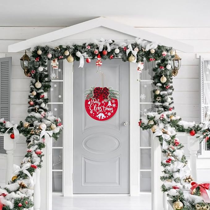 HOMCDALY Merry Christmas Welcome Sign for Front Door, Red X-mas Sign with Light, Holiday Door Decoration Wooden Hanging Sign, Christmas Decoration, Wall Art, Wall Decor(Red)