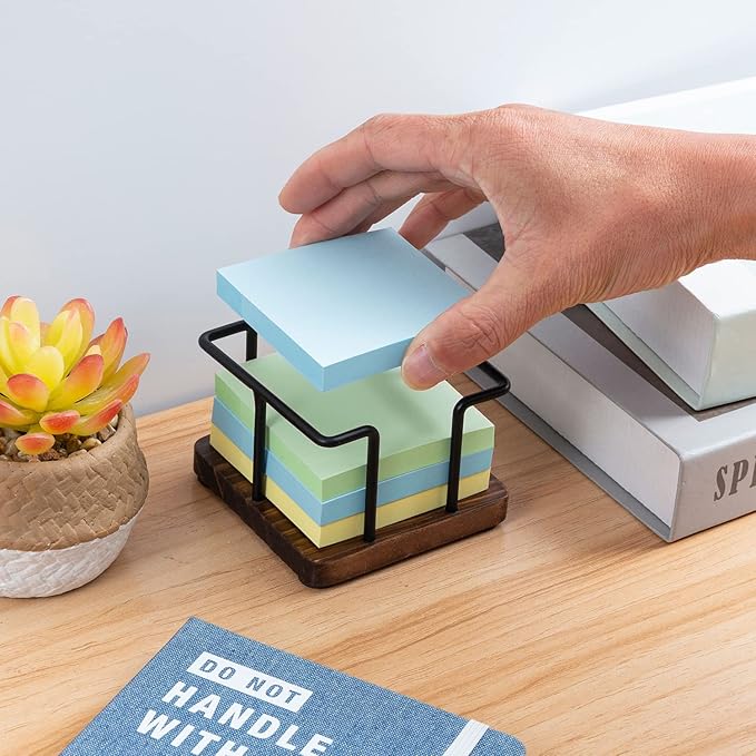 MyGift Modern Rustic Burnt Solid Wood and Industrial Matte Black Metal Wire Sticky Note Cube Holder, Office Desktop Self Adhesive Memo Pad Storage Dispenser