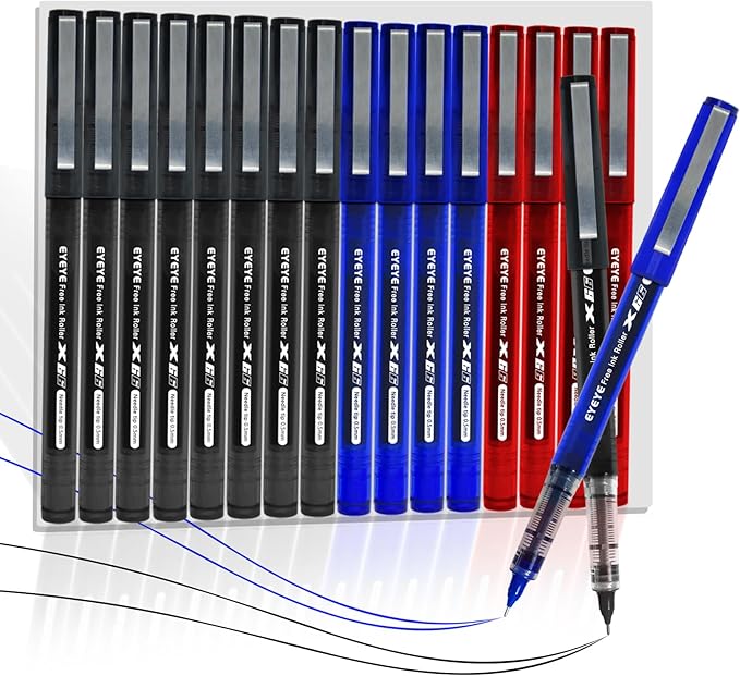 EYEYE 3 Colors Liquid Ink Rollerball Pens, 16 Packs (8 Black & 4 Blue & 4 Red) Quick Dry Gel Pen, 0.5mm Fine Needle Nib for Taking Notes Doodling, School Office Home Supplies