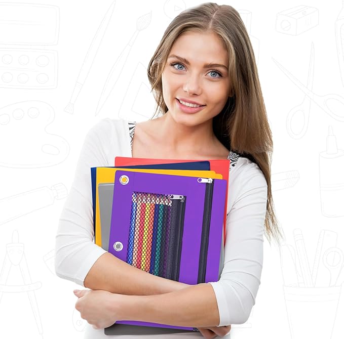 Pencil Pouch for 3 Ring Binder - 3 Hole Zipper Pen Case Bag Holder Bulk Accessories Clear Window Aesthetic Organizer Pockets (Purple, 1)