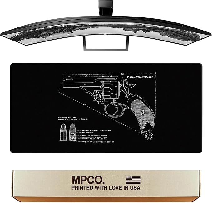 MPCO. Blueprints Large Gaming Desk Pad - 36" x 17" Aeroglyde Fabric Pistol Webly Mark IV – Black Desk Mats - Non-Slip, Washable, Smooth Glide for Precision Gaming & Work