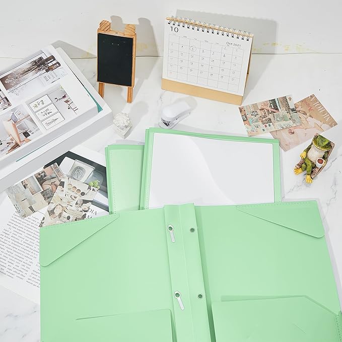 Henoyso 36 Pcs Plastic Folder with Clear Front Pocket and 3 Prong Plastic Folders with Card Slot Pocket Folders with Prongs for School Office (Light Green)