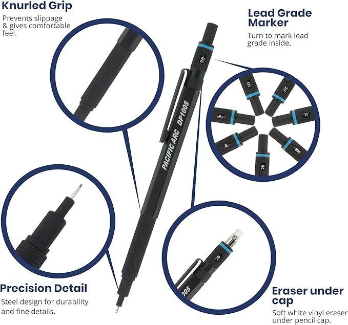 Pacific Arc Chromagraph Metal Mechanical Pencil .5 mm Black Barrel Mechanical Pencil with Built In Lead Pencil Grade Indicator, Lead Pencil Holder for Drafting, Sketching, and Drawing