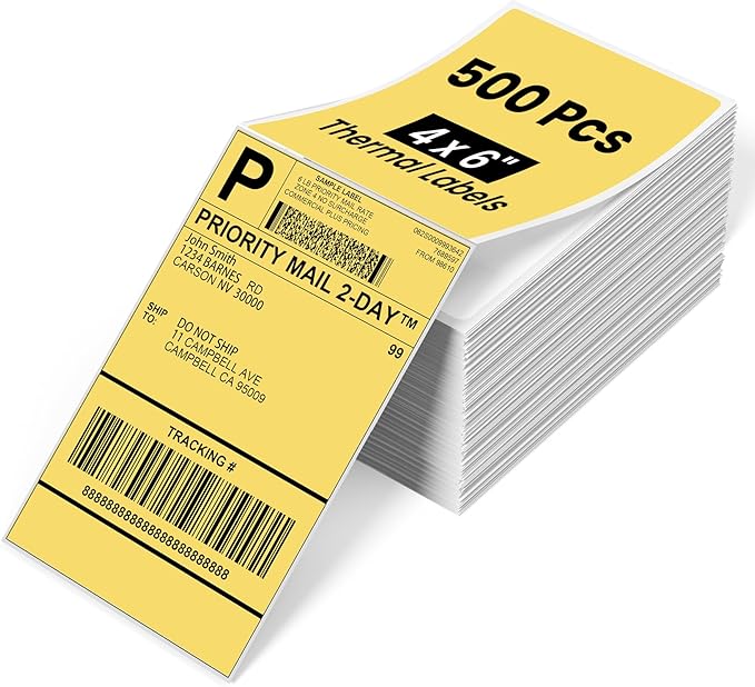 Phomemo 4x6 Thermal Label Printer Paper - 500 PCS Yellow 4"x6" Fan-Fold Shipping Supplies Labels - Water/Oilproof Label Stickers - Permanent Adhesive Thermal 4x6 Labels for Small Business