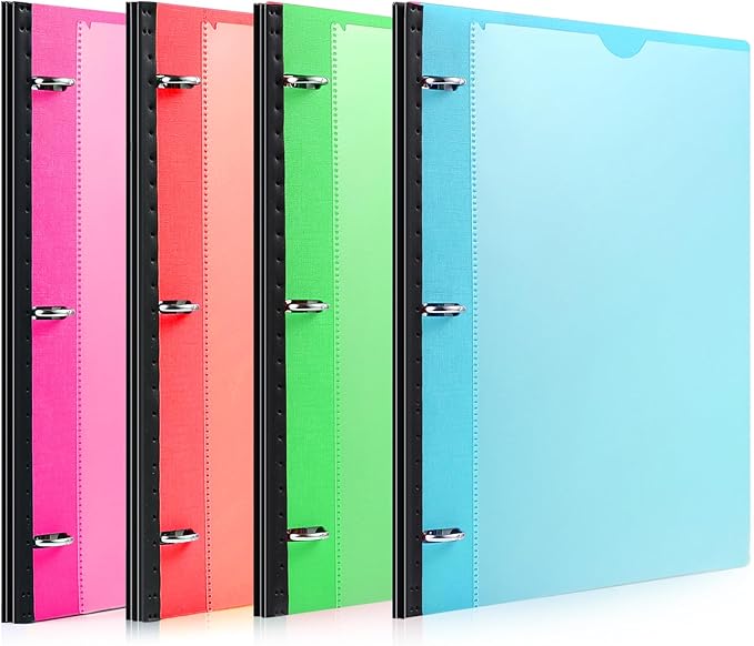 Telescoping 3 Ring Binder-4PCS, Flexible Binder with Customized Front Cover+Clear Catalog Pocket+3 Round Rings, Flat Writing Binder, 4 Bright Colors