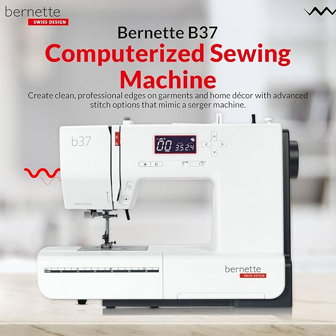 Bernette b37 Sewing Machine with Quilting Kit, Includes Rotary Cutter, Cutting Mat & Non-Slip Acrylic Ruler | LCD Display, LED Light, 50 Stitches, Built-in Needle Threader | For Beginners to Pros