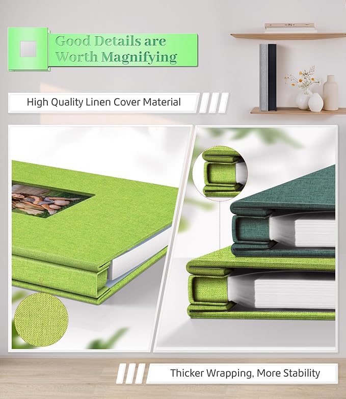 Photo Album Self Adhesive Scrapbook Album for 3x5 4x6 5x7 8x10 Pictures,60 Pages Linen Cover with Display Window DIY Photo Book,Ideal Gifts for Family Travel Wedding Baby