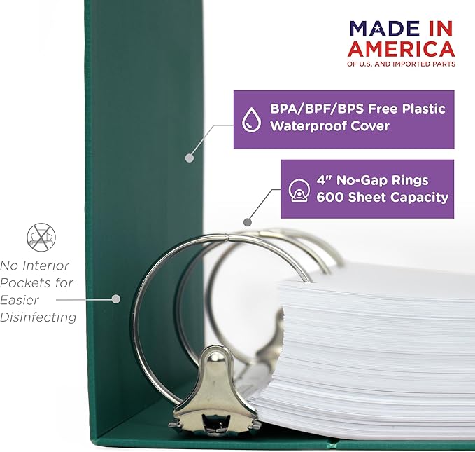 Carstens 4-Inch Heavy Duty 3-Ring Binder - Side Opening, Teal, Durable Plastic, No-Gap Rings, Waterproof Cover, No Pockets, Holds 600 US Letter Sheets, BPA-Free, Made in USA (1847-3R), Case of 10