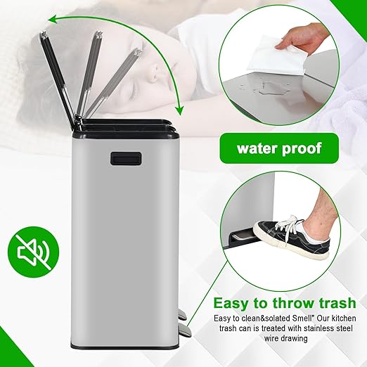 PayLessHere Trash Can, 16 Gallon (2x8G) 60 Liter Rectangular Trash Cans Stainless Steel Step Trash Can with Inner Buckets and Hinged Lids, Suitable for Kitchen Office Home Use,Silver