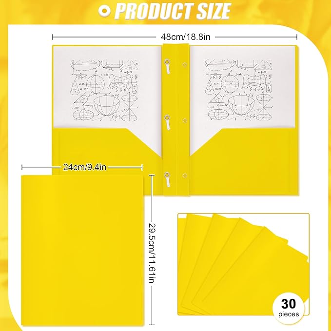 Yeaqee 30 Pcs Plastic Folders with Pockets and Prong Plastic Folders with 2 Pockets Pocket for Office, School for Students, Teachers, Office Workers (Yellow)