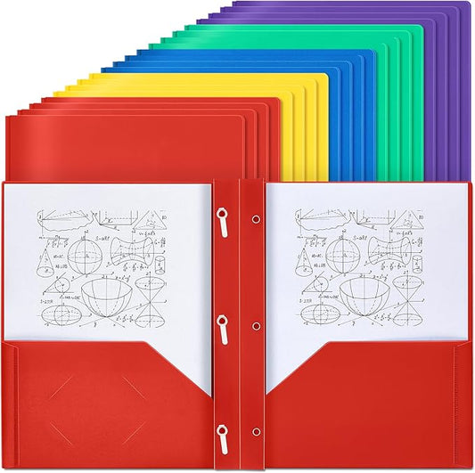 Yeaqee 30 Pcs Plastic Folders with Pockets and Prong Plastic Folders with 2 Pockets Pocket for Office, School for Students, Teachers, Office Workers (Multicolor)