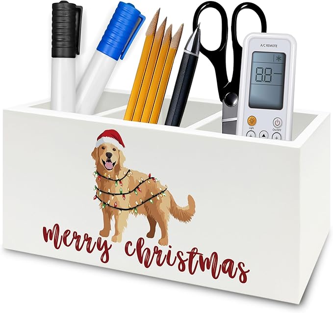 Golden Retriever Christmas Pen Pencil Holder Organizer for Desk, Merry Christmas Funny Xmas Santa Dog Wooden Box Signs Decorations for Home Office Desk Tabletop, Golden Retriever Lovers Gifts