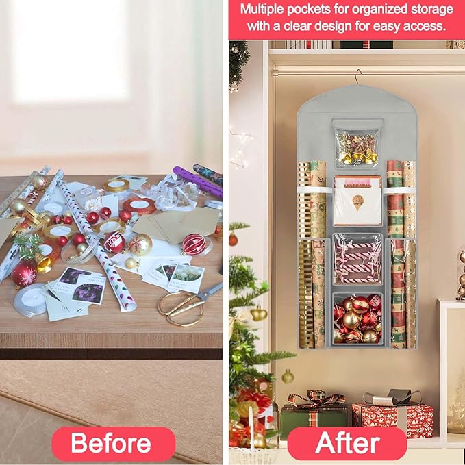 Hanging Gift Wrapping Paper Storage, 40"X17" Grey Double-Sided Christmas Wrapper Bag Container, Oxford Craft Roll Organizer, Present Wrap Holder for Bedroom Closet, Door, Cabinet