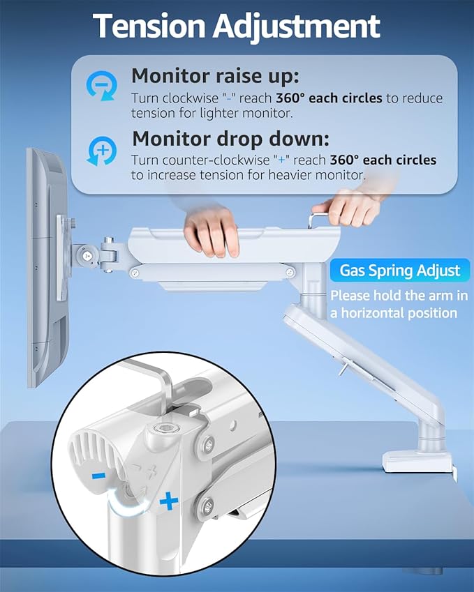 Single Monitor Mount for 32 27 24 22 inch Screen, Gas Spring Arm Holds 4.4-22 lbs, Monitor Desk Mount, Gaming & Home Office Use, VESA 75x75mm & 100x100mm, Freelift Pro White