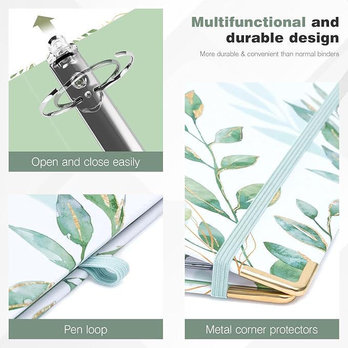 Ospelelf Small Three Ring Binder 2 Inch, Green Floral Round Ring Clipboard Binder with 5 Tab Dividers, for School and Office Supplies, Greenleaf