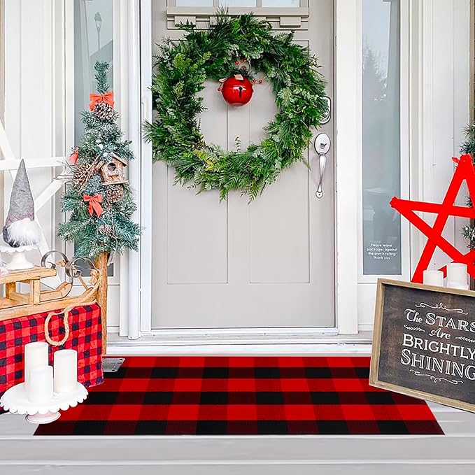 Ckorzen Red and Black Plaid Rug, 24" x 51" Christmas Front Porch Outdoor Rug, Handwoven Cotton Washable Rug for Layered Door Mats, Holiday Entryway and Home Décor