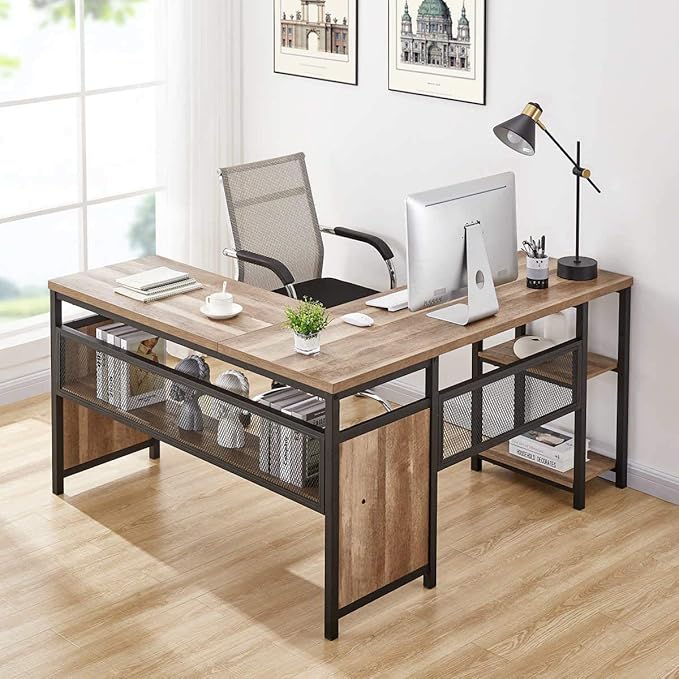 FATORRI L Shaped Computer Desk with Wood Shelves, Industrial Rustic Home Office Corner Desk with Metal Legs (Rustic Oak, 59 Inch)