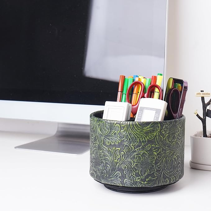 lizimandu Round Leather Art Supply Organizer,Remote Control Holder,360 Degree Spinning,Multi-Functional Pencil Holder,4 Compartments Desktop Stationary Organizer(1-Carved Metal Green2)