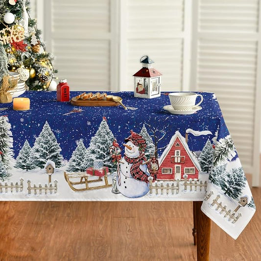 Horaldaily Christmas Tablecloth 60×104 Inch Rectangular, Winter Snowman House Christmas Trees Blue Washable Table Cover for Party Picnic Dinner Decor