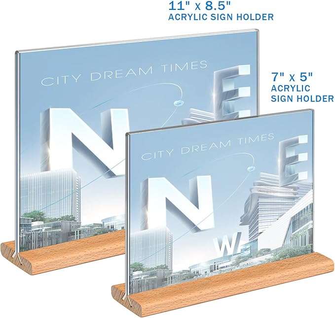 Kersally Acrylic Sign Holder 7 x 5'', 3 Pack Double-Sided Clear Table Display Stands with Wood Base,Horizontal Acrylic Frame Menu Flyer Paper Holder for Store, Restaurant, Hotel, Office, Show Fair