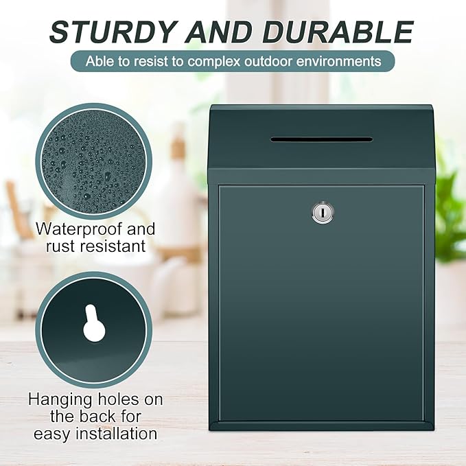 Metal Donation Cash Box Collection Safe Suggestion Box with Lock Wall Mounted Mailbox Delivery Ballot Container for Home Office Outdoor Door(Green,11.8 x 8.6 x 4.7 Inch)