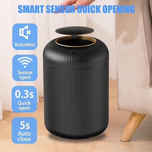 URALFA Motion Sensor Trash Can with Lid, 3 Gallon / 11 L Automatic Bathroom Trash Can, Touchless Trash Bin, Smart Plastic Garbage Can for Bedroom, Kitchen, Living Room, Office, Black