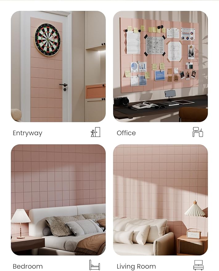 Bumusty Large Cork Board Alternative-47 x35 Felt Bulletin Board Tiles, with 30 Pushpins, 70 Adhesive Tabs, 12-Pack Slat Wall Paneling, Cork Boards for Office Push Pin Board Felt Board-Pink