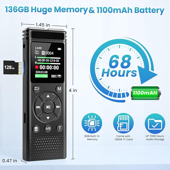 136GB Digital Voice Recorder with Playback,9000 Hours Audio Recording Device,Voice Activated Recorder with Noise Reduction,A-B Repeat,Mp3 Player and Password for Lectures Meeting/Classes/Interviews