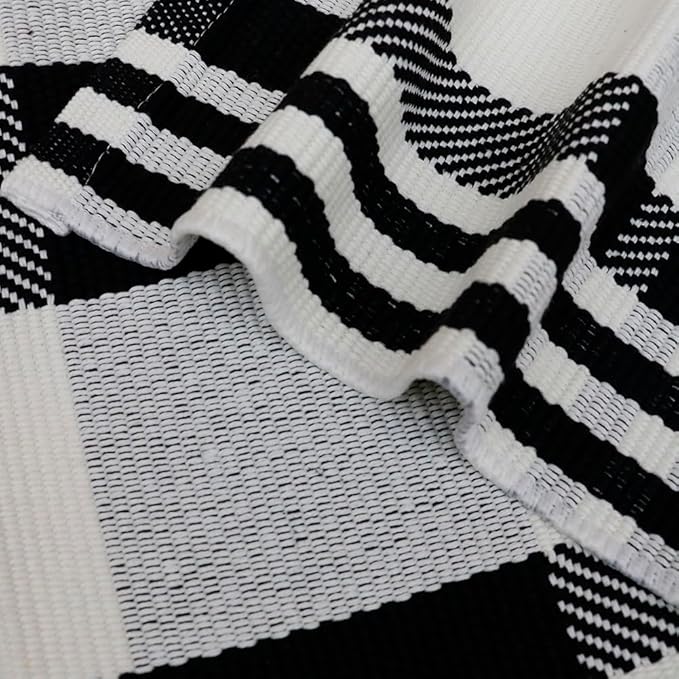 Fall Décor Plaid Rug, 4' x 6' Black&White Check Indoor/Outdoor Area Rug, Layering Rug for Hello/Welcome Door Mat, Machine Washable Cotton Woven Rugs for Farmhouse Front Porch, Entryway