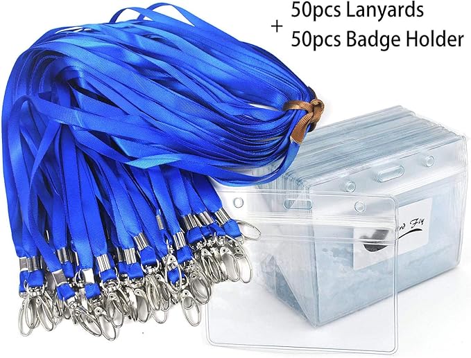Lanyard with ID Holder 50 Pcs Waterproof Name Tag Horizontal Badge ID Card Holders ID Pass Holder and 50 Pcs Flat Neck Blue Lanyards Swivel Hook