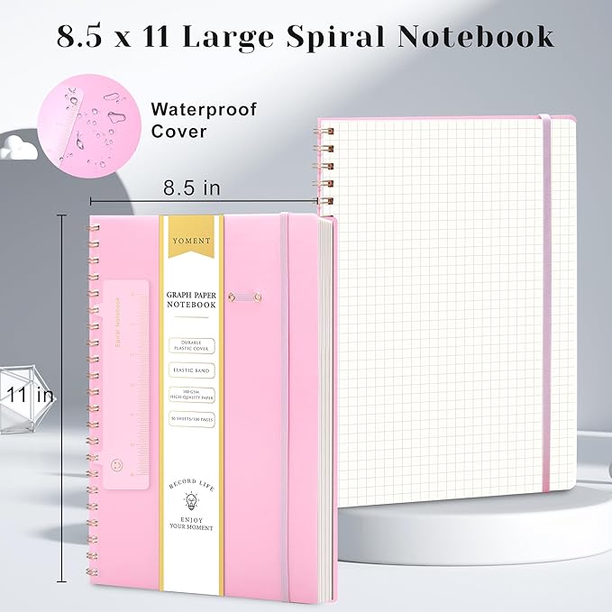 Yoment Graph Paper Notebook Spiral Notebook 8.5 x 11 A4 Large Grid Paper Notebooks, 100 GSM Thick Graph Paper, Plastic Cover Graphing Notebook for Work School Engineering, A4 Pink