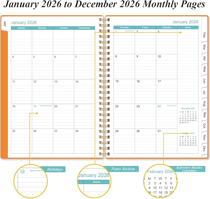 2026 Planner - Weekly and Monthly Calendar Planner from Jan 2026 - Dec 2026, Planner 2026 Spiral Bound with 12 Monthly Tabs, Inner Pocket, Perfect for School Office Supplies, 6.4" x 8.5", Orange-C
