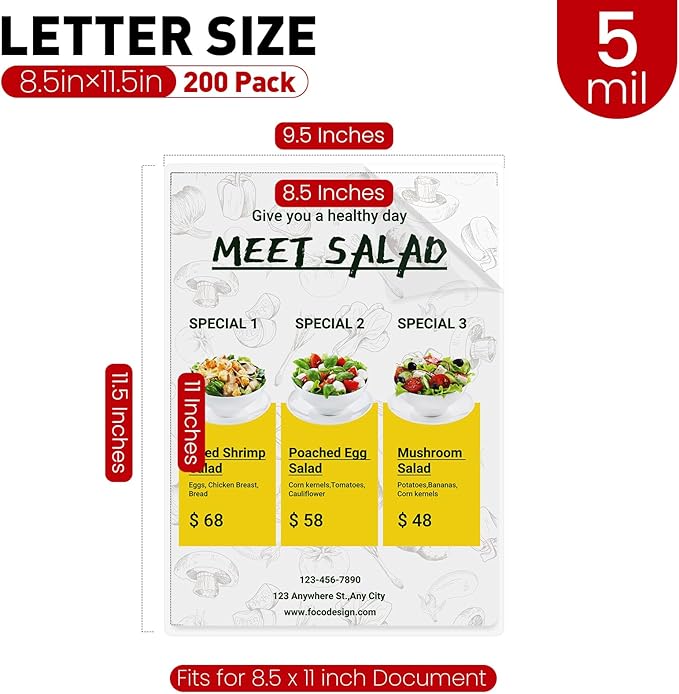 CAREGY 5 Mil Thermal Laminating Pouches (200 Pack) - 9x11.5 Inch Laminating Sheets for 8.5x11 Documents, Clear,Office & School Laminator Supplies