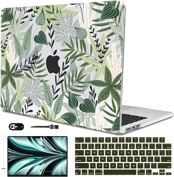 for MacBook Air 13.6 inch Case 2025 M4 A3240 2024 M3 A3113 2022 2023 A2681 M2 Chip, Crystal Plastic Pattern Hard Shell Case Cover for Mac Air 13.6 M4 2025 Touch ID, Tropical Green Leaves