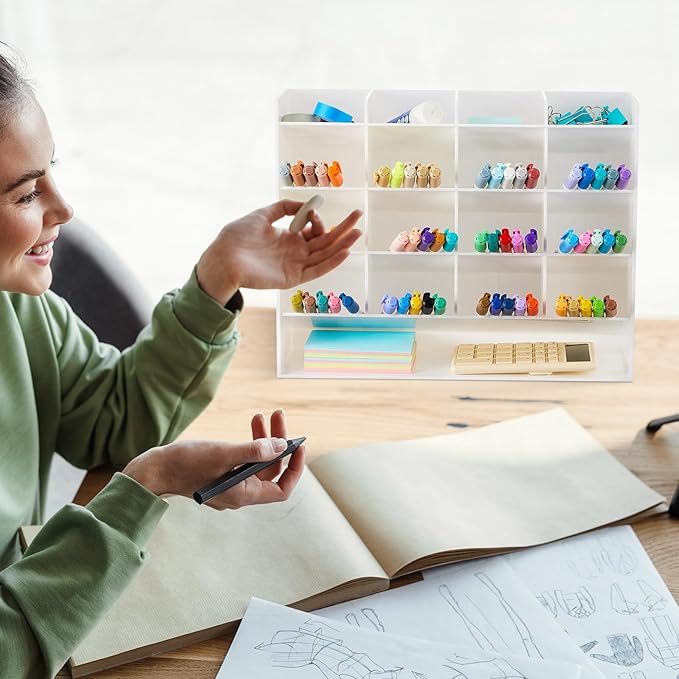 Acrylic Pen Organizer Storage for 200 Markers Vertical Marker Organizer Acrylic Pen Display Holder for Office Desk Desktop Stationery Pencil Storage, White, 13 x 4 x 10.2 Inch