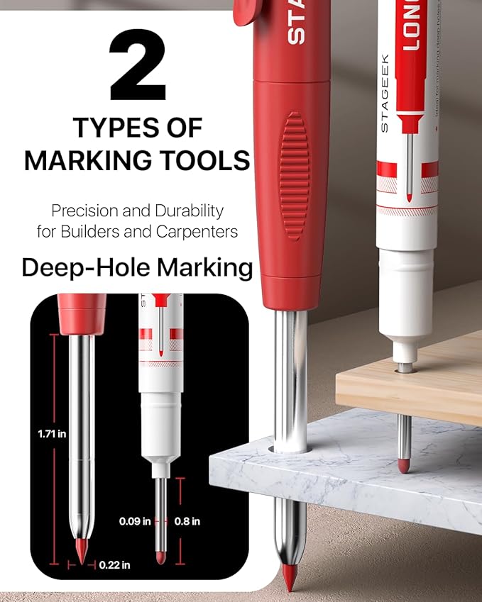 2PCS Carpenter Pencils with Sharpener, Heavy Duty Woodworking Tools, Mechanical Pencil Set with 26 Refills, Deep Hole Long Nib Marker Pens for Architect Marking with Case (Black, Red)
