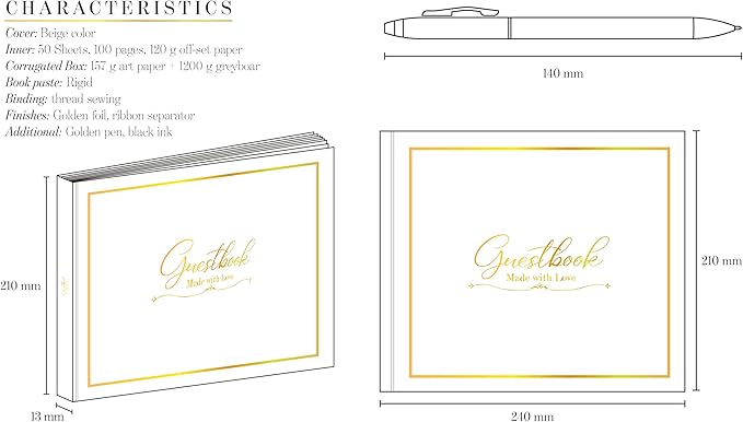Elegant Wedding Guest Book – 100 Plain Sheets, Pen Included – Guest Book for Wedding Reception, Parties, Birthdays – Capture Special Memories – 240x210mm Keepsake Album
