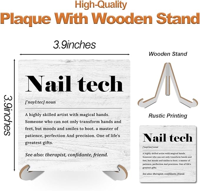Nail Tech Definition Wood Sign Desk Decor Rustic Nail Salon Office Cubicle Decor Inspirational Plaque with Wooden Stand Farmhouse Nail Technician Desk Accessories for Home Table Shelf Tiered Tray