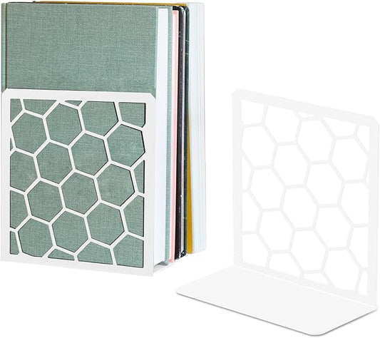 GEOMOD Geometric Honeycomb White Metal Bookends Decorative - Tall Sturdy Book Ends for Shelves - Modern Heavy Duty Bookend Stopper - Office or Home Book Shelf Book Holder - 6x3.25x6.25 Inches - 1 Pair